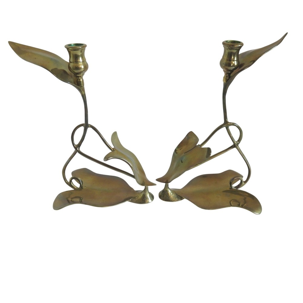 Vintage Dolbi Cashier 1980 Brass Calla Lily Candlestick Holders Pair Art Nouveau